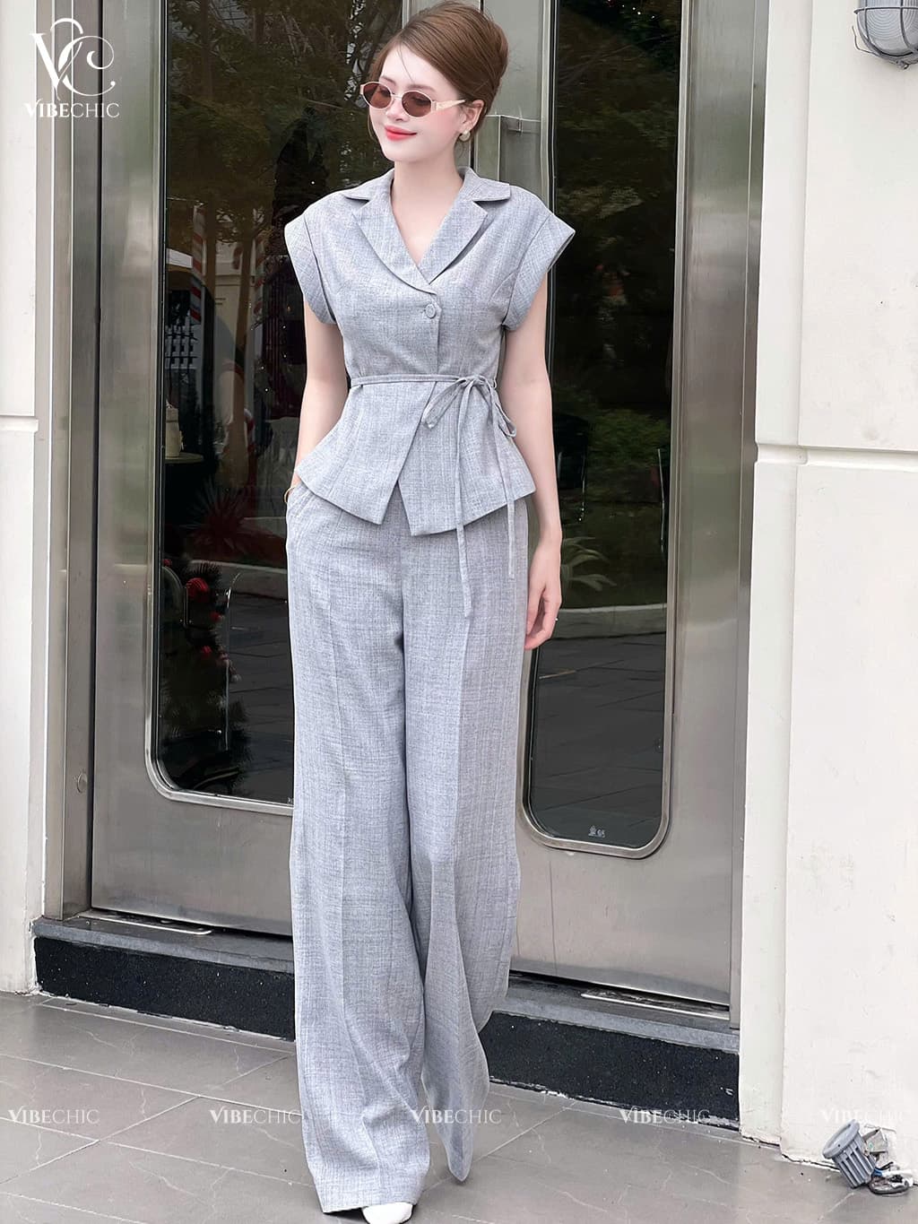 Bộ Áo Ký Giả Tay Dơi Kết Hợp Quần Suông Vải Bố Linen Cao Cấp
