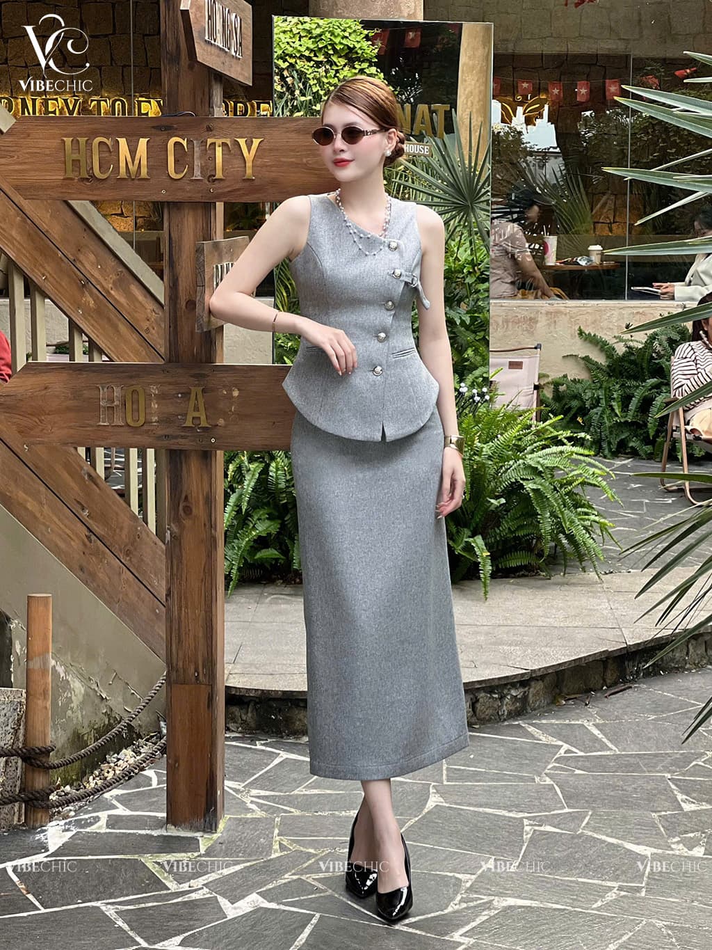 Chân Váy Bút Chì Dáng Dài Cạp Cao – Bố Linen Xám Muối Tiêu - view 2