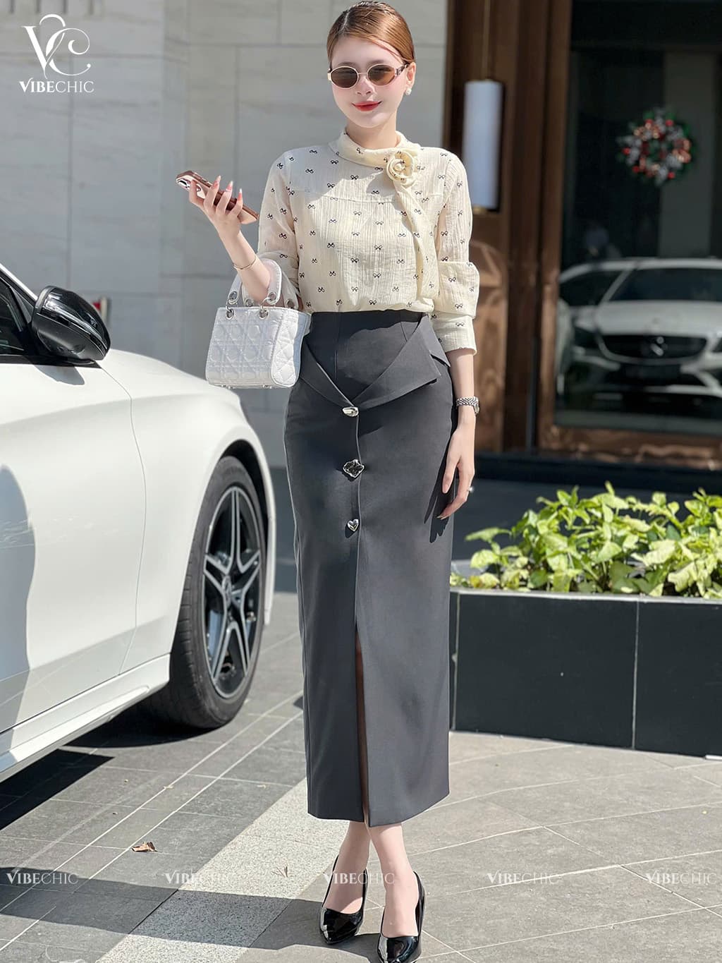 Chân Váy Bút Chì Dáng Dài Cạp Vest – Crepe Xanh Than