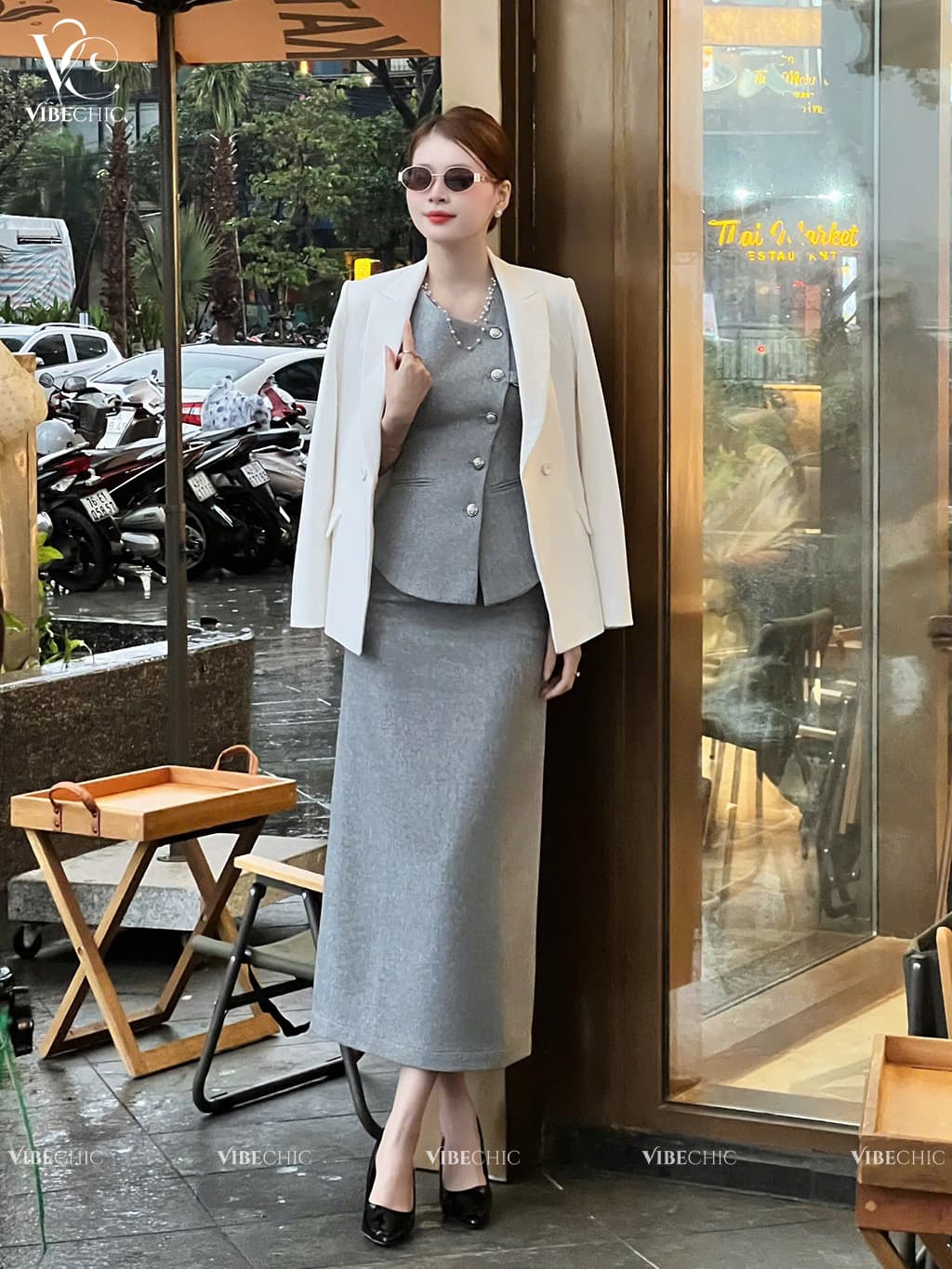 Chân Váy Bút Chì Dáng Dài Cạp Cao – Bố Linen Xám Muối Tiêu