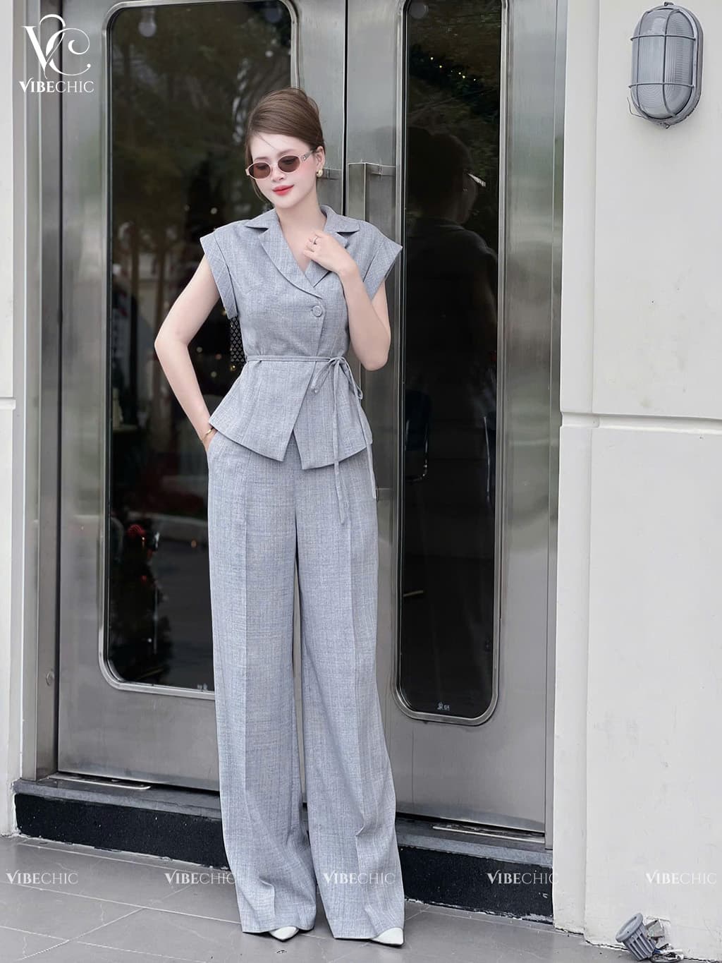 Bộ Áo Ký Giả Tay Dơi Kết Hợp Quần Suông Vải Bố Linen Cao Cấp - view 2