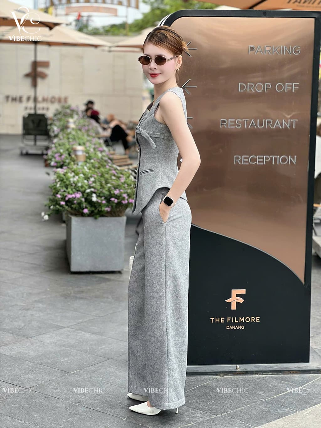 Quần Ống Suông Cạp Cao – Bố Linen Xám Muối Tiêu - view 2